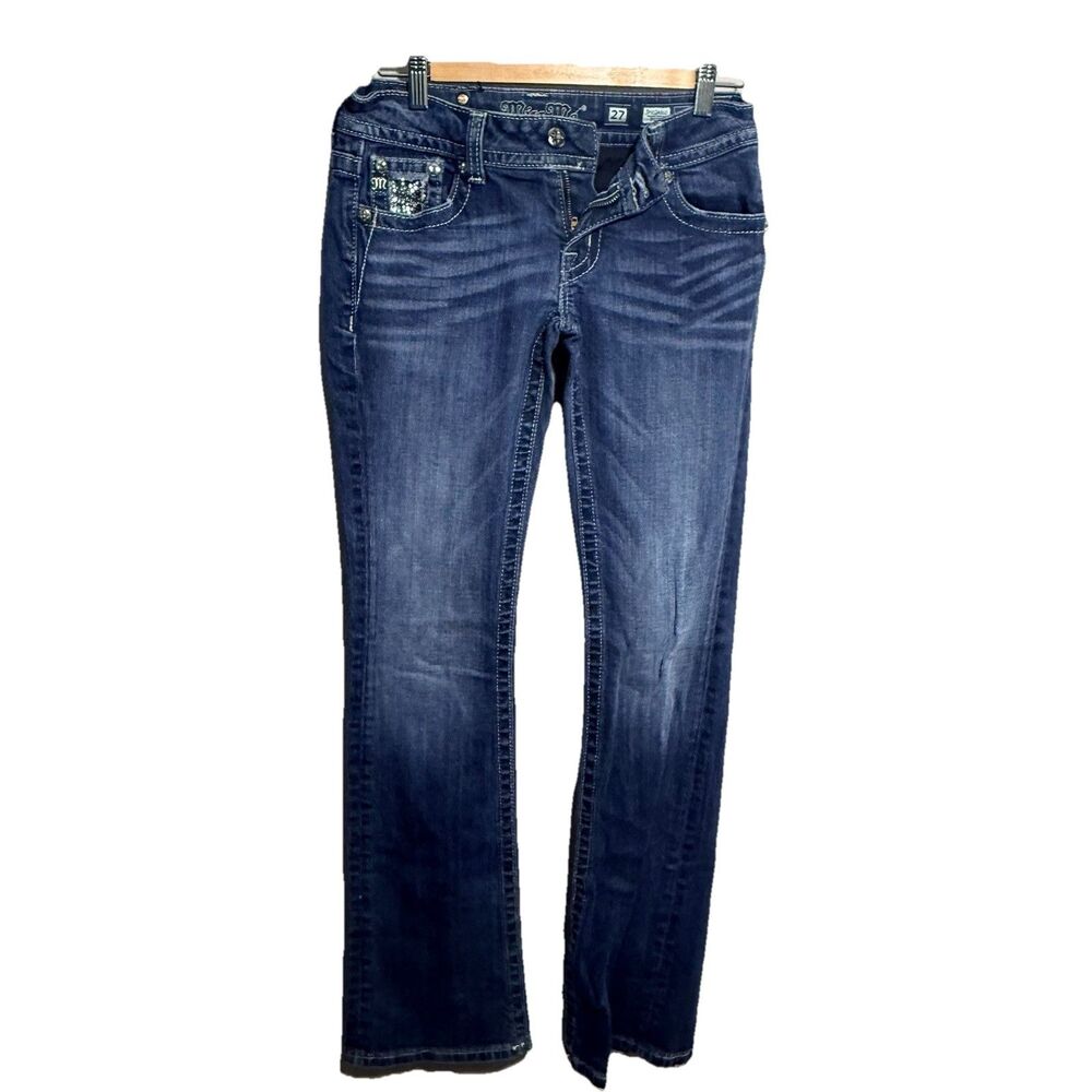 Miss Me Blue Jeans Sz 27 Boot Cut Stretch Low Rise Distressed Pockets Western